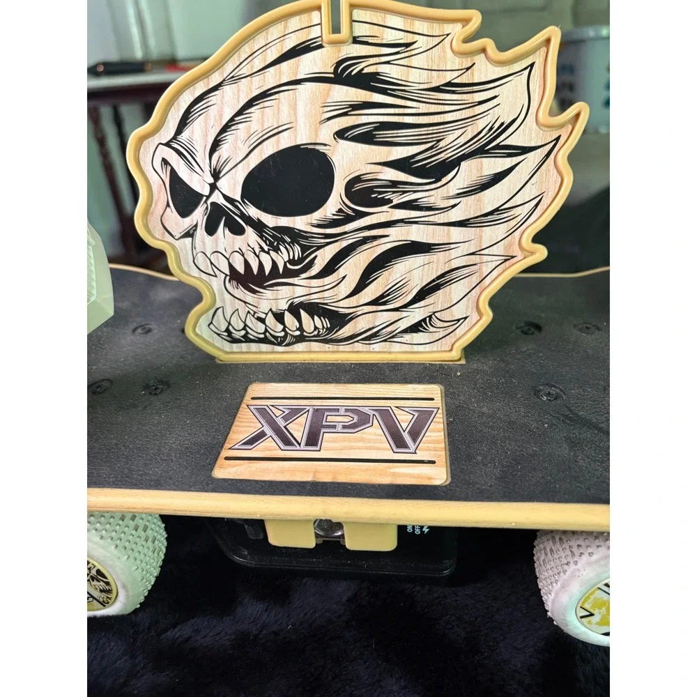 XPV Remote Control Skateboard Flaming Skull Graphic RC Toy with Remote White